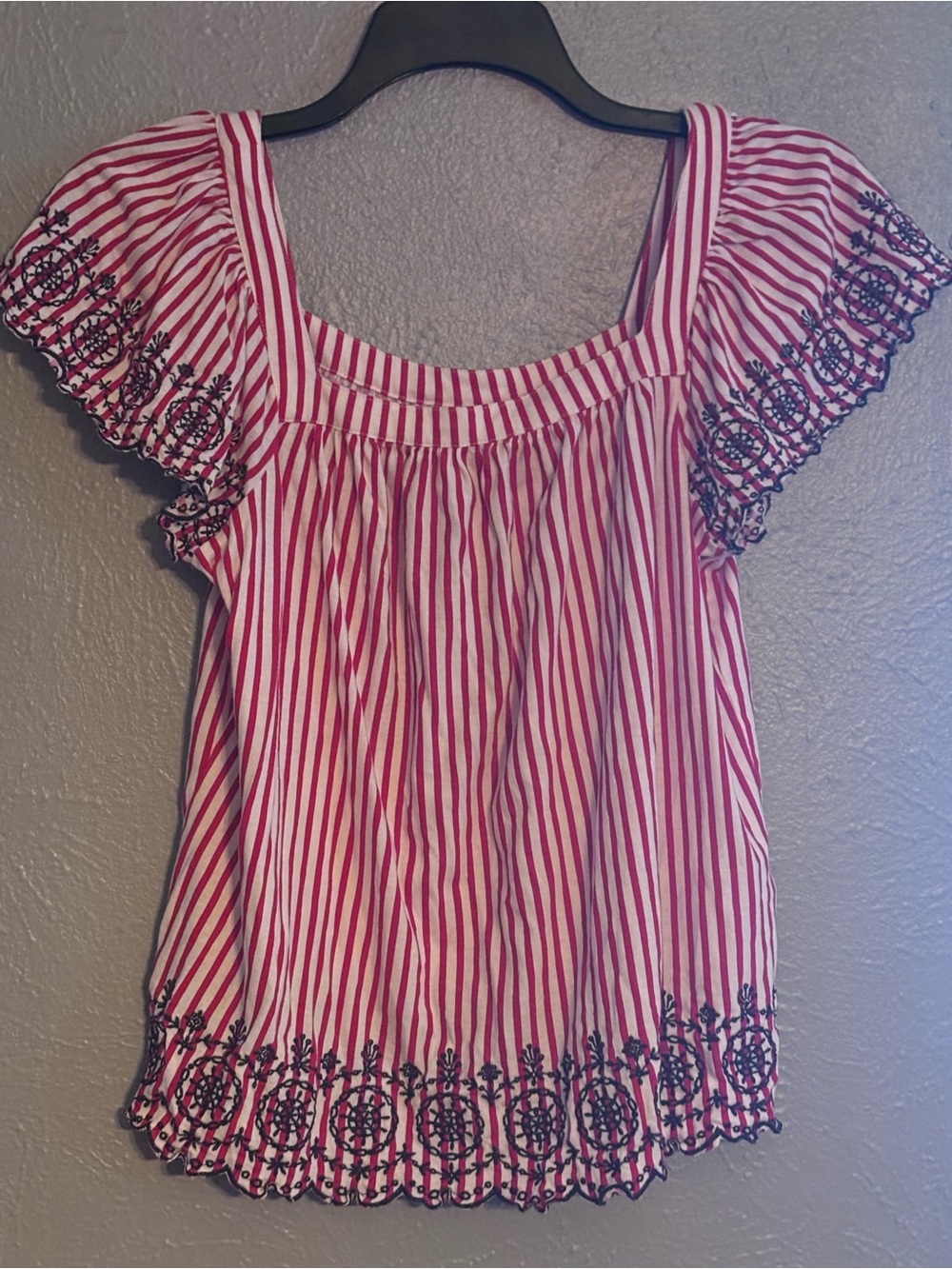 Striped red and white Square-Neck Women's Top with Embroidered Hem